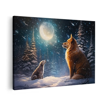 Canvas schilderij vooraanzicht Twee Honden bij Volle Maan in het Bos - Winters