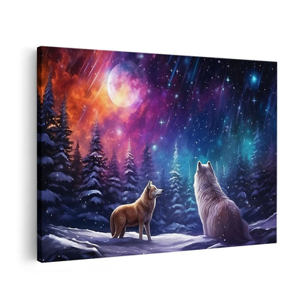 Canvas schilderij vooraanzicht Twee Honden bij Volle Maan in het Bos - Winters