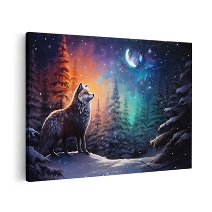 Canvas schilderij vooraanzicht Wolf bij Volle Maan in het Bos - Tekening