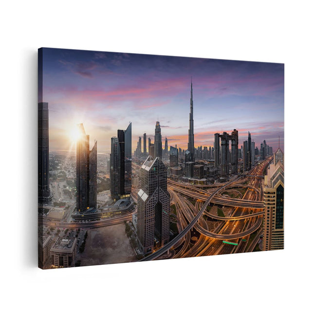 Canvas schilderij vooraanzicht Dubai Stad Zonsopgang