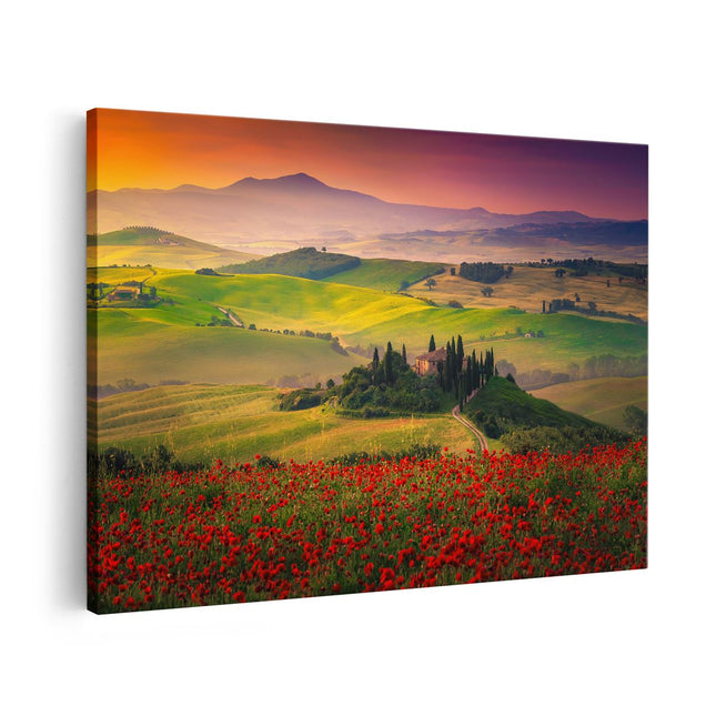 Canvas schilderij vooraanzicht Rode Bloemenveld in Toscane, Italië