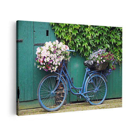 Canvas schilderij vooraanzicht Fiets met Bloemen