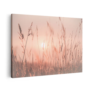 Canvas schilderij vooraanzicht De Zon gaat onder boven een Grasveld