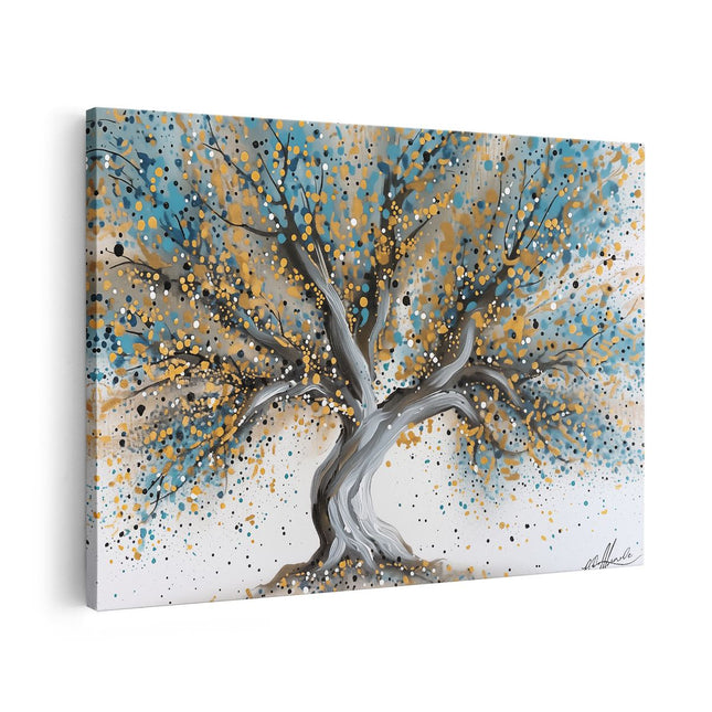 Canvas schilderij vooraanzicht Abstract Kunstwerk van een Boom in Blauw en Geel