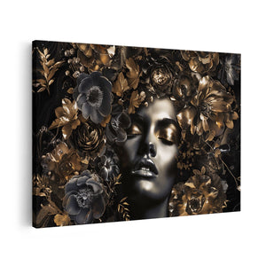 Canvas schilderij vooraanzicht Vrouw met Bloemen op haar Hoofd