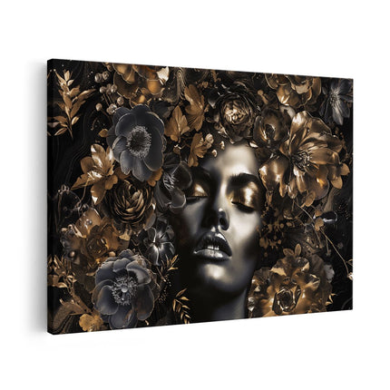 Canvas schilderij vooraanzicht Vrouw met Bloemen op haar Hoofd