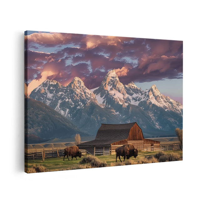 Canvas schilderij vooraanzicht Bizons Grazen voor een Schuur