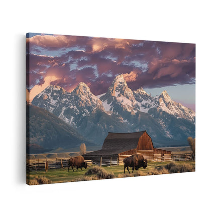 Canvas schilderij vooraanzicht Bizons Grazen voor een Schuur