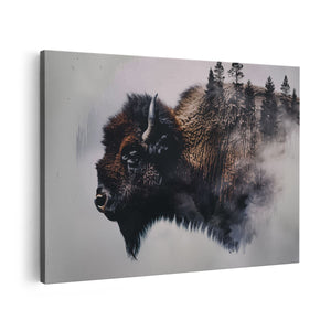 Canvas schilderij vooraanzicht Bizons met Bomen op de Achtergrond