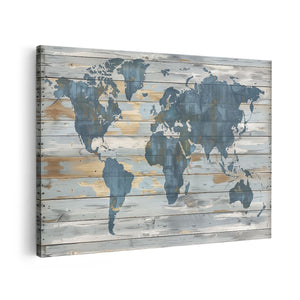 Canvas schilderij vooraanzicht Blauwe en Witte Wereldkaart op een Houten Plank
