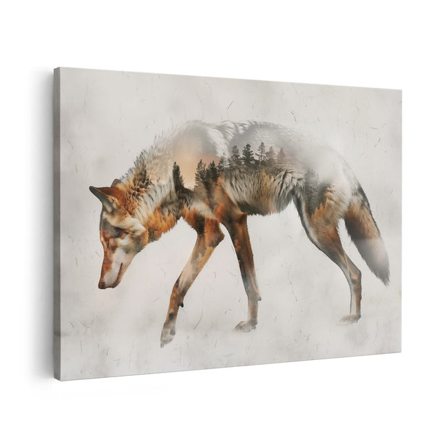 Canvas schilderij vooraanzicht Afbeelding van een Wolf die door een Bos loopt