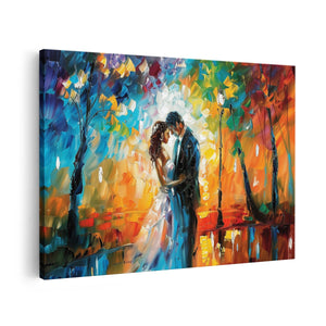 Canvas schilderij vooraanzicht Bruid en Bruidegom Kussen in de Regen