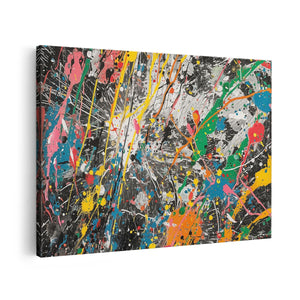 Canvas schilderij vooraanzicht Kleurrijke Verfspatten op een Zwarte Achtergrond