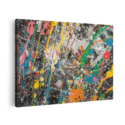 Canvas schilderij vooraanzicht Kleurrijke Verfspatten op een Zwarte Achtergrond