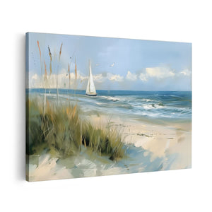 Canvas schilderij vooraanzicht Kunstwerk van een Zeilboot op het Strand