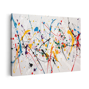Canvas schilderij vooraanzicht Kleurrijke Verfspatten op een Witte Achtergrond