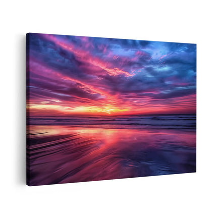 Canvas schilderij vooraanzicht Kleurrijke Zonsondergang op het Strand