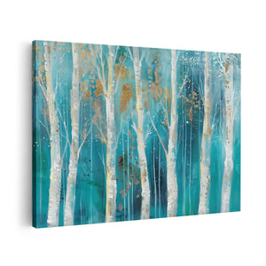 Canvas schilderij vooraanzicht Kunstwerk van Berkenbomen in Blauw en Goud