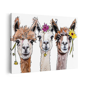 Canvas schilderij vooraanzicht Drie Lama's met Bloemen op hun Hoofd