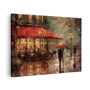Canvas schilderij vooraanzicht Kunstwerk van een Stel dat in de Regen door een Straat loopt