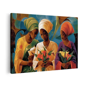 Canvas schilderij vooraanzicht Drie Vrouwen met Tulbanden die Bloemen Vasthouden