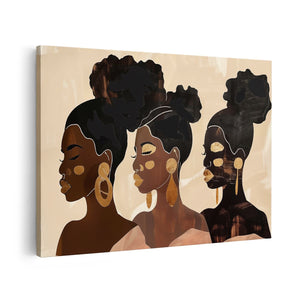 Canvas schilderij vooraanzicht Drie Zwarte Vrouwen met Gouden Oorbellen
