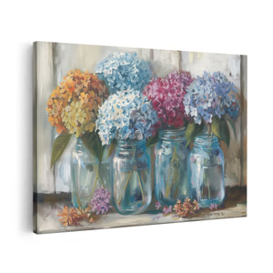 Canvas schilderij vooraanzicht Hortensia's in Glazen Potten