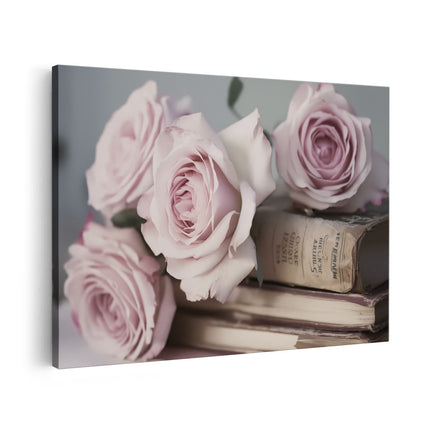 Canvas schilderij vooraanzicht Roze Rozen op Boeken