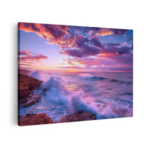 Canvas schilderij vooraanzicht Kleurrijke Zonsondergang over een Rotsachtige Kust
