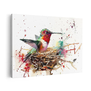 Canvas schilderij vooraanzicht Aquarelkunstwerk van een Kolibrie in een Nest