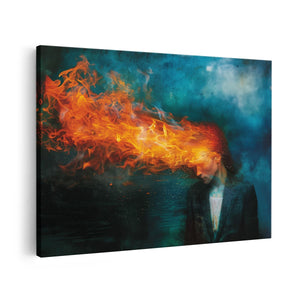 Canvas schilderij vooraanzicht Vrouw met Vuur dat uit haar Hoofd Komt