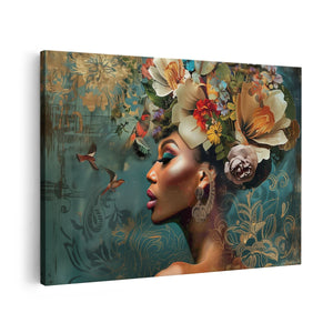Canvas schilderij vooraanzicht Vrouw met Bloemen op haar Hoofd