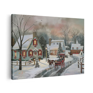 Canvas schilderij vooraanzicht Kunstwerk van een Kerstdorp met een Paardenkoets
