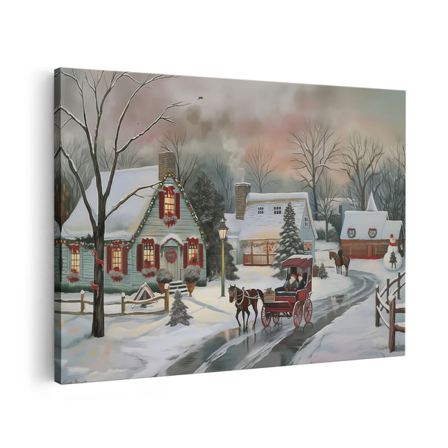Canvas schilderij vooraanzicht Kunstwerk van een Kerstdorp met een Paardenkoets