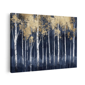 Canvas schilderij vooraanzicht Kunstwerk van Berkenbomen in Blauw en Goud
