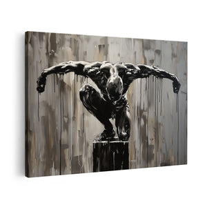 Canvas schilderij vooraanzicht Zwart Wit Kunstwerk van een Man op een Sokkel