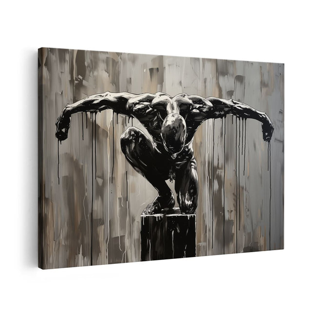Canvas schilderij vooraanzicht Zwart Wit Kunstwerk van een Man op een Sokkel