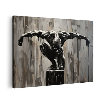 Canvas schilderij vooraanzicht Zwart Wit Kunstwerk van een Man op een Sokkel
