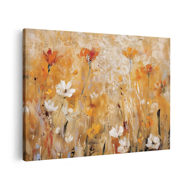 Canvas schilderij vooraanzicht Abstract Kunstwerk van Oranje en Witte Bloemen