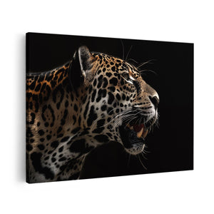 Canvas schilderij vooraanzicht Jaguar op een Zwarte Achtergrond