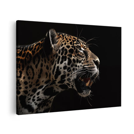 Canvas schilderij vooraanzicht Jaguar op een Zwarte Achtergrond