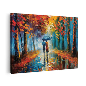 Canvas schilderij vooraanzicht Paar dat in de Regen loopt met een Paraplu