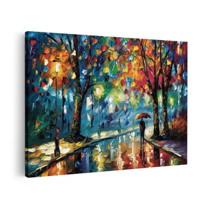 Canvas schilderij vooraanzicht Kunstwerk van een Persoon die in een Regenachtige Nacht door een Straat loopt