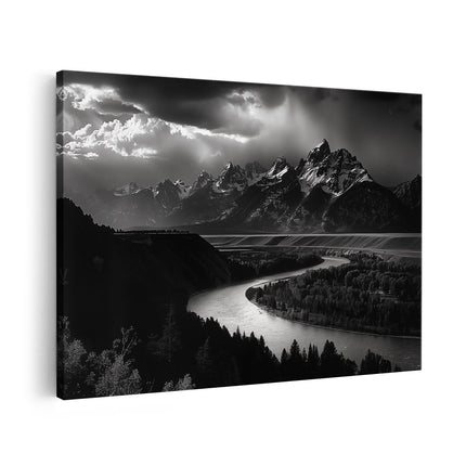 Canvas schilderij vooraanzicht Zwart Witfoto van de Grand Teton-Bergen