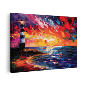 Canvas schilderij vooraanzicht Kunstwerk van een Vuurtoren bij Zonsondergang