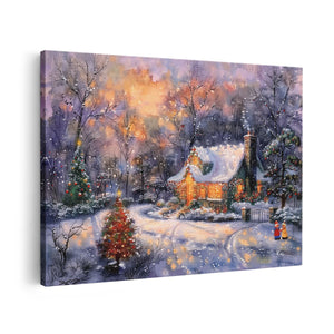 Canvas schilderij vooraanzicht Kunstwerk van een Kersthuisje in de Sneeuw