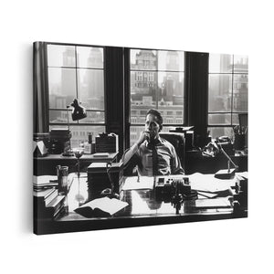 Canvas schilderij vooraanzicht Man zit aan een Bureau voor een Raam