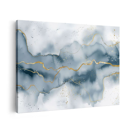 Canvas schilderij vooraanzicht Blauw en Goud Abstract Kunstwerk op een Witte Achtergrond