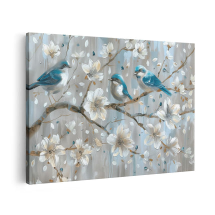 Canvas schilderij vooraanzicht Blauwe Vogels Zat op een Boomtak