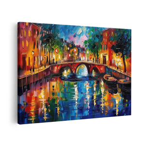 Canvas schilderij vooraanzicht Kunstwerk van een Gracht bij Nacht